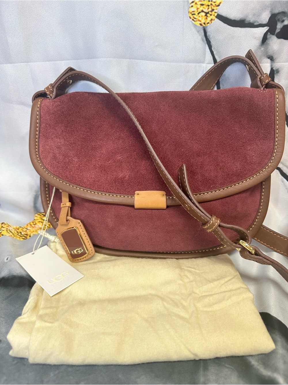 UGG Burgundy Suede Crossbody with Tan Trim